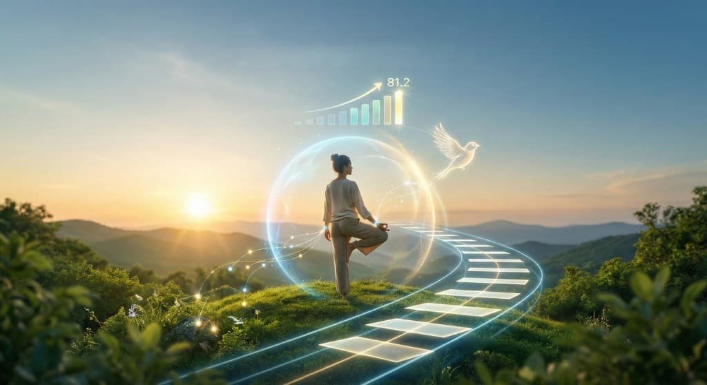 A person finding balance on a mountain path with Finch Health wellbeing graphics